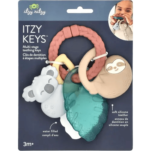 Itzy Ritzy Teething Keys Baby Teether Toy - Features a Braided Texture Ring & Keys, Includes a Water-Filled Leaf-Shaped Teether & Silicone Sloth & Koala Teething Toys, Ideal for Ages 3 Months & Up
