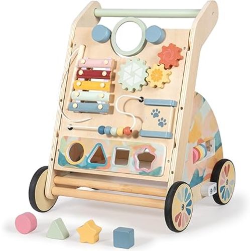 LOL-FUN Wooden Baby Walker with Detachable Busy Board, Push Walker for Baby with Adjustable Speed Wheels, Activity Learning Walker for Boys Girls 12 Months