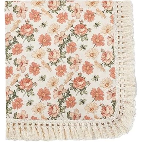 insular Cotton Muslin Baby Blanket with Tassel, Boho Bohemian Muslin Swaddle Blanket Baby Receiving Blanket with Fringe, Nursery Decor Throw or Nursing Blankets, 47" x40”, Floral&Bee