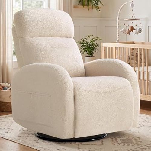 Nursery Glider Recliner, Boucle Nursery Rocking Chair Recliner, Manual Nursery Glider Recliner with Double Pockets and Lumbar Support for Adult, Teddy Beige