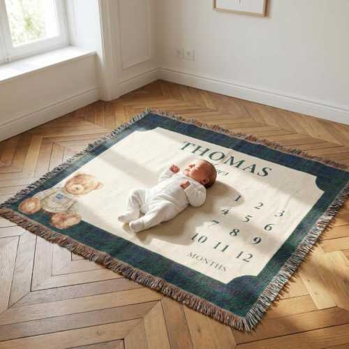 Teddy Bear Custom Name Milestone Blanket Woven, Personalized Baby Name and Monthly Numbers, Navy Plaid Polo Bear, Teddy Bear Growth Tracker