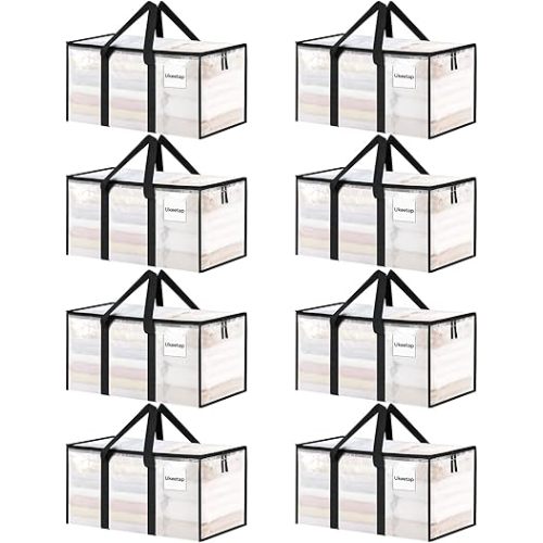 8 Pack Extra Large Heavy Duty Moving Bags, Clear Storage Bins with Lids, Reinforced Handles & Heavy-Duty Zippers Moving Boxes Storage Bags Totes for Clothes Packing, Dorms, College Supplies, Clear