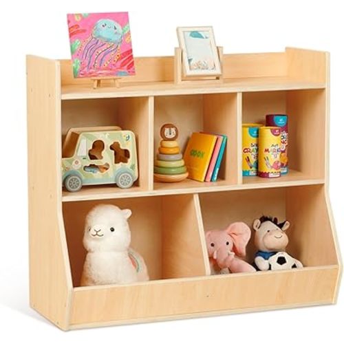 OOOK Montessori Toy Shelf, Toy Storage Shelves, Wooden Storage Cabinet, 5 Cubby Children Bookcase, Kids Bookshelf for Playroom, Nursery, Daycare, Preschool, Classroom Furniture