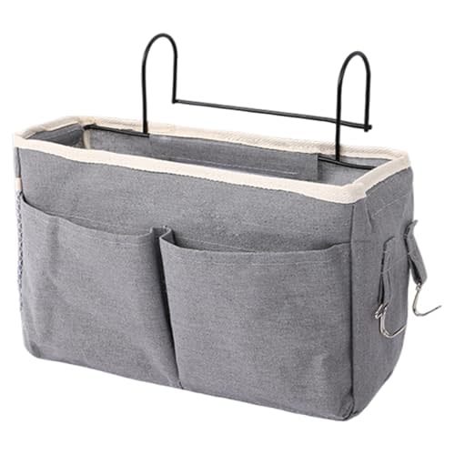 Bedside Storage Organizer, 11x4x7.5 Large Capacity Cotton and Linen Bedside Caddy with Pockets & Hooks, Hanging Storage Bag for Headboards/Bunk Bed, Caddy