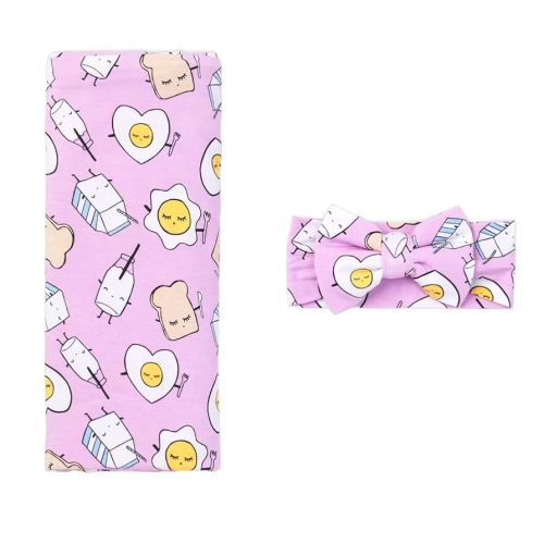 Little Sleepies Swaddle & Headband Bow Set, Viscose from Bamboo Baby Swaddles, Newborn Baby Girl Clothes (Luxe Pink Breakfast Buddies)