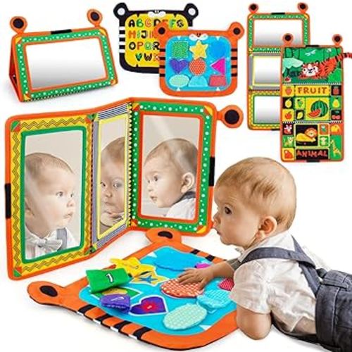 Tummy Time Baby Mirror Toys with Sensory Textured Play Pattern,Black and White High Contrast Baby Toys Neawborn Toys 0,3,6 Months,3 Way Baby Mirrors 3D Crinkle Toys Infant Toys for Newborn Boys Girls