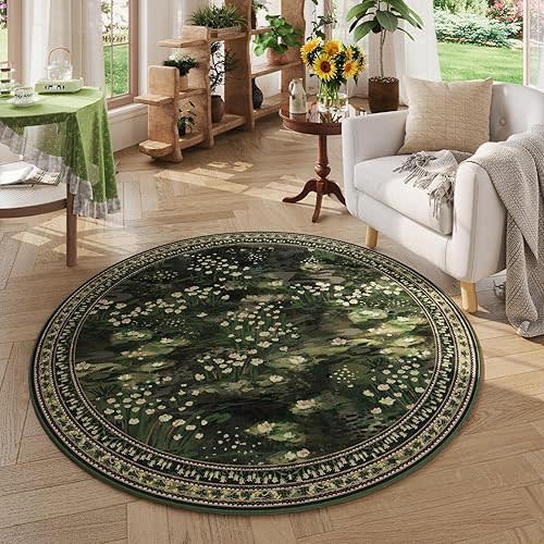 Rugcomf Round Area Rug 4ft Washable Vintage Impressionist-Style, Green