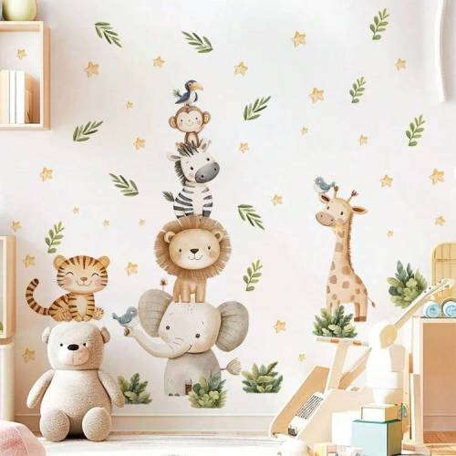 1pc Watercolor Cute Animal Wall Decal - Elephant & Monkey Design - PVC Self-Adhesive Sticker, Suitable For Playroom/Kids Bedroom Decor, Living Room, Door, Kindergarten, Classroom, Home Decor & Gift | SHEIN USA