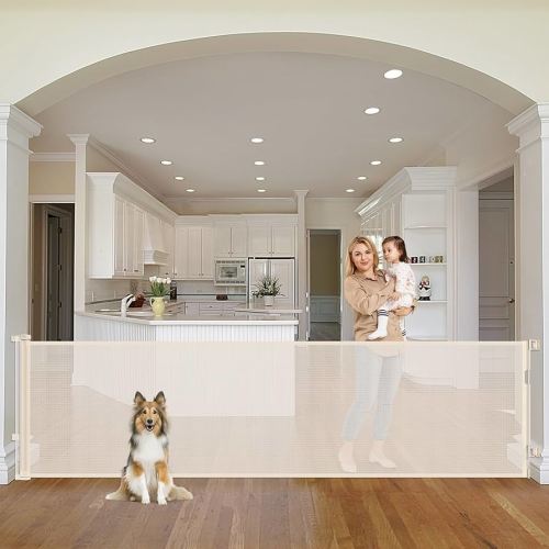 90 Inch Extra Wide Retractable Baby Gate Tall Retractable Dog Gate for Large Openings, Indoor Mesh Pet Gate Retractable Fence Outdoor Retractable Gate, Extra Long Baby Gate Large Dog Gate, Beige