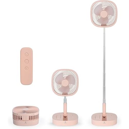Magesh Portable Pedestal Fan - Foldaway Standing Fan Foldable Desk Fan, Use 7200Mah Rechargeable Battery, Remote Control Telescopic 4 Speed Quiet Timer Fan for Home Kitchen Outdoor Camping (Pink)