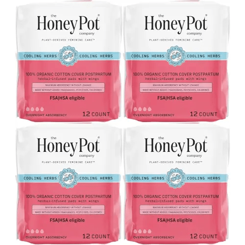 The Honey Pot Company - 48ct - Herbal Postpartum Pads w/Wings - Infused w/Essential Oils for Cooling Effect, Organic Cotton Cover, & Ultra-Absorbent