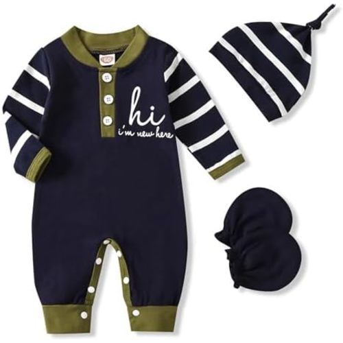 GRNSHTS Newborn Baby Boy Romper Coming Home Outfits Letter Print Bodysuit Jumpsuit+Hat+Gloves 3PCS Clothes Set
