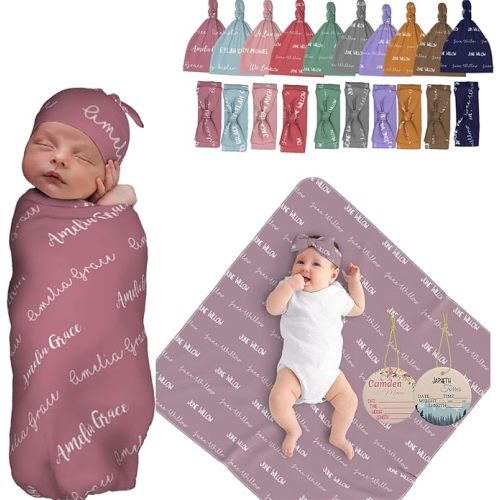 IWEORTHY Personalized Baby Swaddle - Boy & Girl Blankets with Name, Newborn Swaddle Wrap(Names)