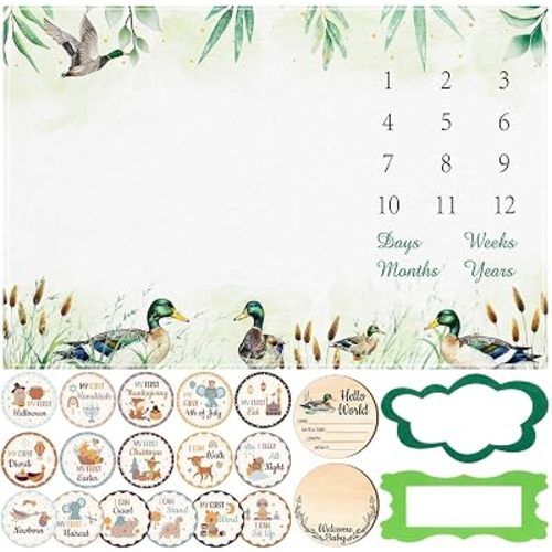 Breling Mallard Duck Baby Monthly Milestone Blanket for Boy Girls Flannel Newborn Monthly Photo Props Backdrop 60" x 40" Soft Milestone Blanket Photography Gift for Baby Shower Party Decoration