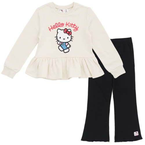 Hello Kitty Fleece Pullover Peplum Sweatshirt and Ribbed Flare Leggings Outfit Set Toddler to Big Kid