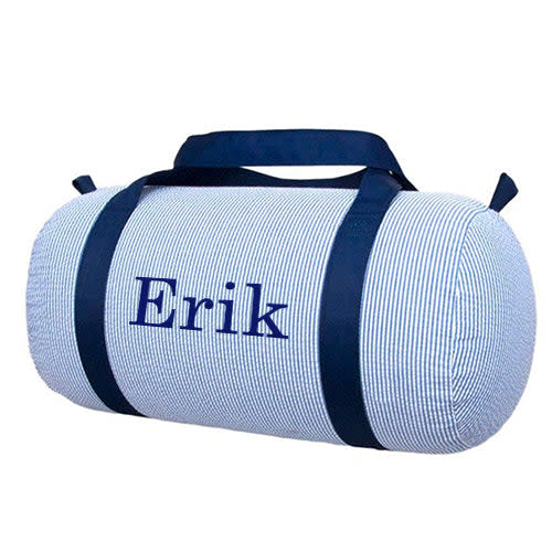 Personalized Duffel Bag by Mint  Navy Seersucker