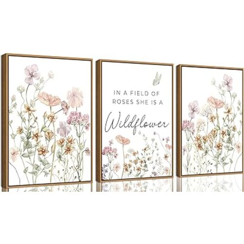 3Pcs Framed Watercolor Flowers Nursery Wall Art Florals Botanical Sentence Picture Wall Decor Pink Wildflowers Poster Print Artwork for Girl Nursery Bedroom Livingroom Inspirational Wall Decoration