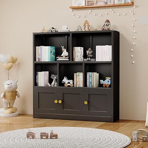 Kids Bookshelf and Toy Storage Organizer with 3 Cabinet and 5 Open Cubbies，Kids Toys Storage Organizer Shelf with Corner Guard，Multifunctional Floor Chest for Playroom and Kid's Room（Black）