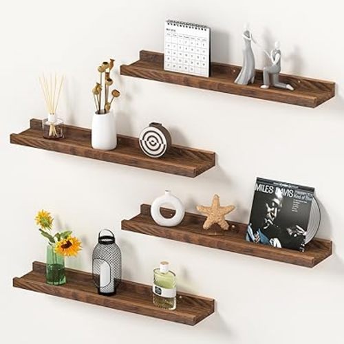 Floating Shelves for Wall, Solid Pine Wood Floating Shelf with Lip for Bedroom, Living Room, Kitchen, 16 Inch Wall Mounted Storage Shelves for Room Decor Organizers Set of 4 (Walnut, 4Pack 16inch)