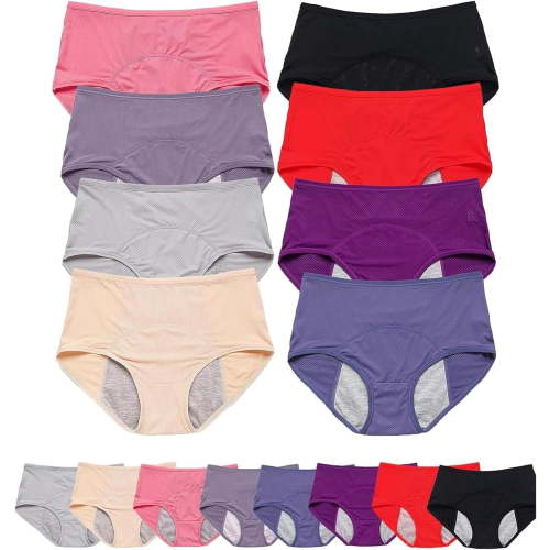 8-Pack Leakproof Incontinence Underwear for Women, Washable Absorbent Panties, Soft Stretch Briefs for Daily & Overnight Use (M)