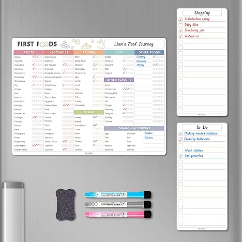 Baby First Food Tracker for Fridge, Magnetic Dry Erase Baby Foods Chart, Includes Foods Checklist Magnet with 2 List Boards, 3 Markers + Eraser