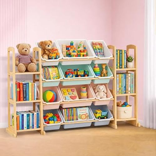 Kids Toy Storage Organizer with Bookshelf – Wooden Shelf with 12 Bins & 6 Shelves, Quick Assembly Storage Rack for Playroom, Bedroom, Nursery – Colorful