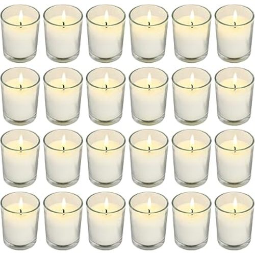 Soft Breeze 24 Pack Ivory Unscented Votive Glass Candles for Wishing, Hydrotherapy, Wedding, Birthday, Holiday, Party