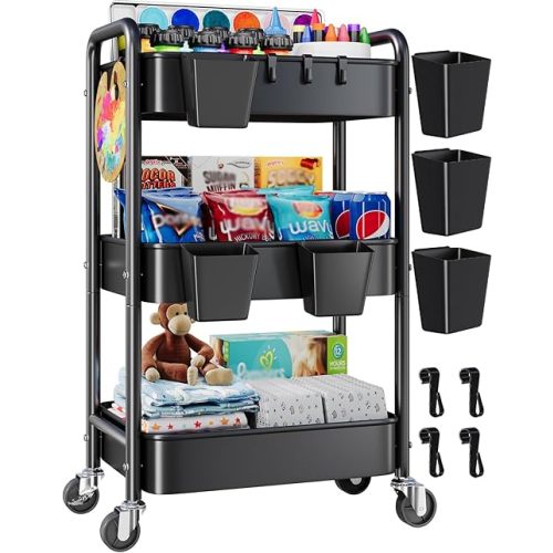 3 Tier Rolling Cart Metal with Wheels, Black Three Tiered Art Cart Organizer on Wheels, Storage Utility Trolley Carts for Kithcen, Craft, Nail, Lash, Makeup, Salon,Bedside, Bathroom, Office, Snack