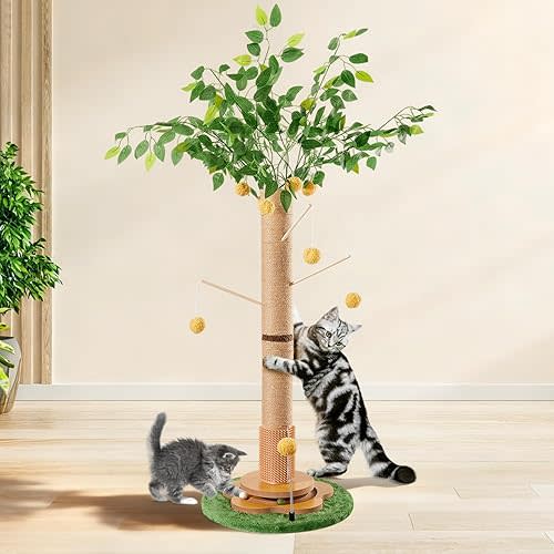 45" Tall Cat Scratching Post with Sisal Rope for Indoor Cats Adults Kittens, Cat Tree Scratcher with Hanging Balls, Self Groomer, Track Balls