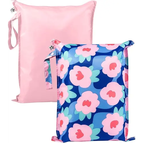 Tiny Twinkle Mess Proof Wet Bags | 2-Pack Reusable Waterproof Wet Bags for Swimsuits | Baby Clothes | Travel & Diaper Bag (Blue Floral)