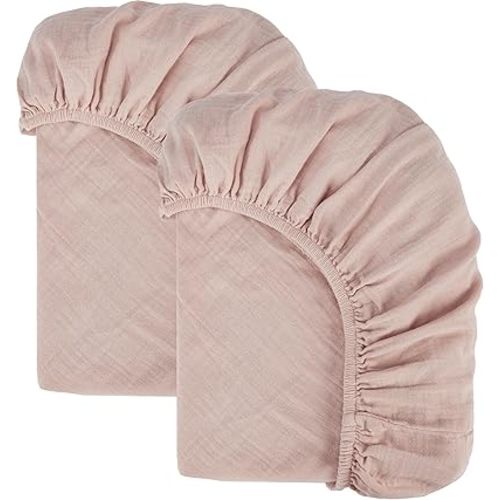 Bioweaves Organic Cotton Muslin Bassinet Sheet, GOTS Certified Extra Soft Fitted Sheet, Universal Fit for Oval Baby Bassinet Mattresses, 33" x 17", 4 Inch Pocket, Dusty Pink, Pack of 2