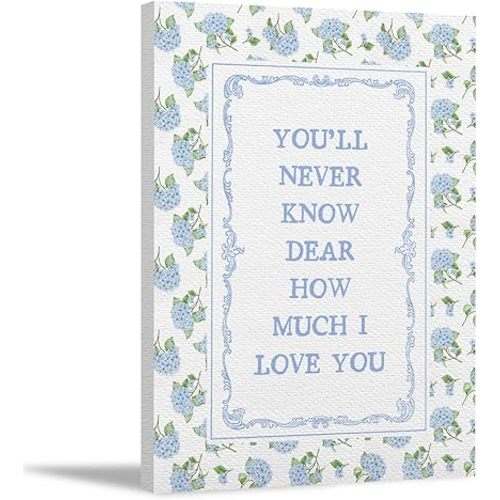 FWSFD Blue Hydrangea Floral Nursery Wall Art Decor Framed, Floral Nursery Decor, Vintage You'll Never Know Dear How Much I Love You Canvas Prints Artwork for Kids Baby Room Bedroom, 12x16 Inches