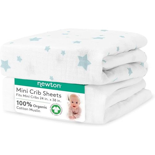 Newton Baby Mini Crib Fitted Sheets (2-Pack) | Organic Muslin Cotton, Breathable & Soft Baby Sheets, Washable Baby Mattress Sheets, Fits Any Mini Sized Crib 24" x 38", Moonstone Mist Stardust + White