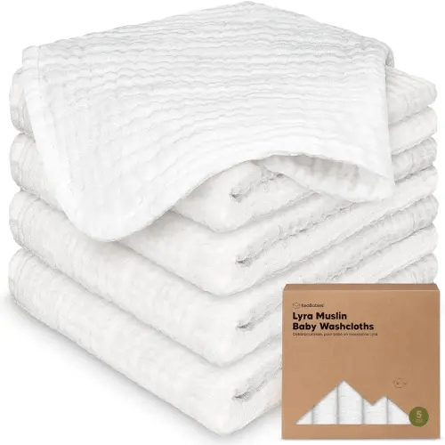 5pk Muslin Baby Washcloths for Newborn, 12x12 Soft Absorbent (Soft White)