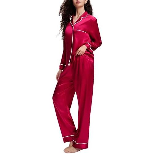 Lonxu Silk Satin Womens Pajama Sets Button Down Sleepwear Loungewear XS~3XL
