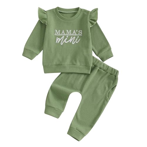 Aiwpstoin Newborn Baby Girl Fall Winter Waffle Outfit Clothes Ruffle Long Sleeve Mama Mini Sweatshirt Pants Sweatsuits