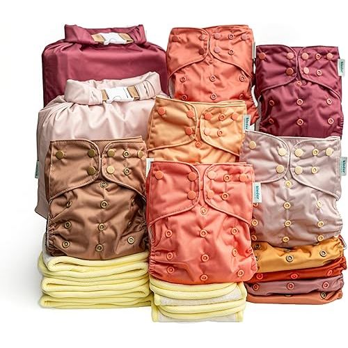 Kinder Cloth Diapers Reusable Baby Diapers Pocket Style Athletic Wicking Jersey, Bamboo Viscose Inserts, Wet Bag, Newborn to Potty Training 7-60lbs, One Size (Serene Sunrise, 10 Pack, with Inserts)