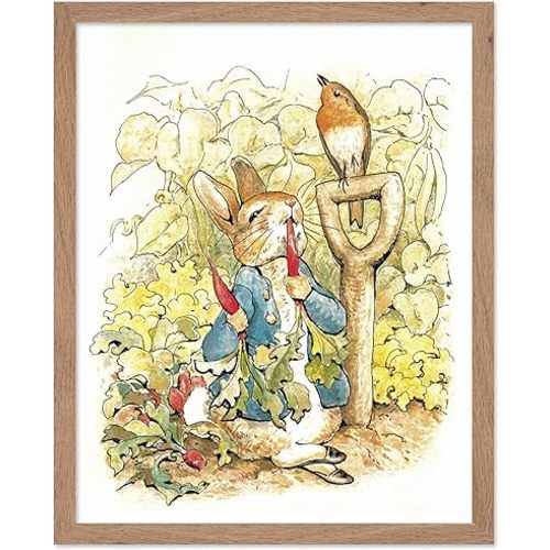 Poster Master Classic Illustration Poster - Vintage Story Book Print - Gift for Artist, Friend - Peter Rabbit, Carrot, Blue Jacket, Animal - Wall Decor for Home, Nursery, 8x10 Beige Framed