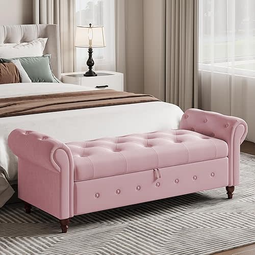 63" Wide Storage Bench, Velvet Upholstered End of Bed Bench with Pull Ring Design, Storage Shoe Cabinet Bench with Rolled Arm, Modern Window Bench for Bedroom (Pink)