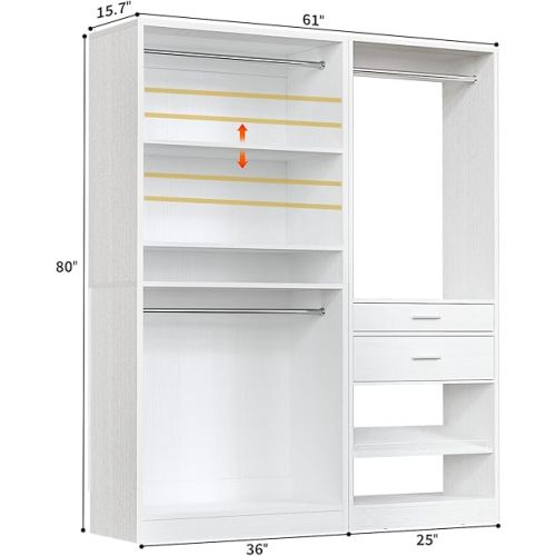 Unikito Closet System Set of 2, 5FT Closet Systems with 2 Wood Drawers, 61" Closet Organizer System with 3 Hanging Rods & 2 Shelves, Heavy Duty 61 Inch Walk-in Closet , White (61" L x 16" W x 80" H)