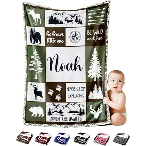 Personalized Baby Blankets with Name, Ships Next Day, Custom Baby Blanket with Letter Words, Soft Cozy Woodland Blankets, Gifts for Boys & Girls Kids Teen, Printed in USA