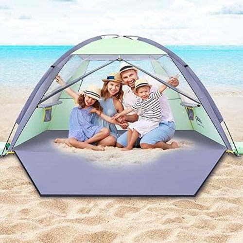 Happy Travel Beach Tent Sun Shelter for 3/4/5/6/7/8 Person, Portable UPF 50+ UV Protection Beach Shade Canopy for Family & Baby, Lightweight & Easy Setup Beach Cabana with 3 Ventilation Mesh Windows