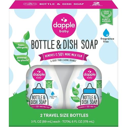 Dapple Baby Fragrance-Free Baby Bottle & Dish Soap - (2 Pack) 3 fl oz - Plant-Powered Cleaner for Bottles, Pump Parts, and Sippy Cups - Travel Size