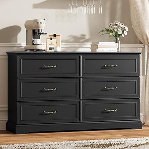 Thacuok 6 Drawer Dresser for Bedroom, 53" Wide Wooden Chest of Drawers, Rustic Farmhouse Dresser with Large Drawers & Metal Handles, Modern Storage Organizer for Closet, Living Room, Hallway, Black