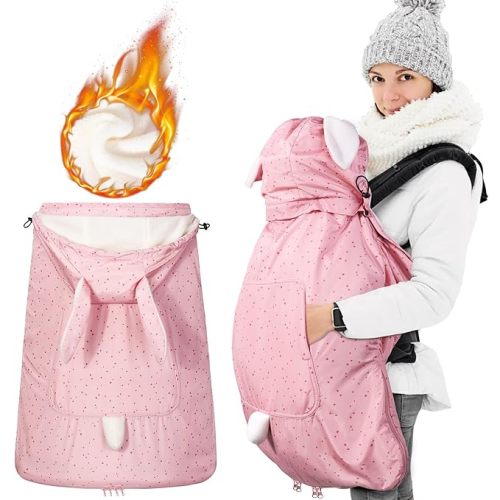 Orzbow Baby Winter Carrier Cover with Detachable Hood, Pink Rabbit | Waterproof & Windproof, with Big Pockets, Universal Fit for Baby Carriers and Waist Stoo, Storage Bag Included