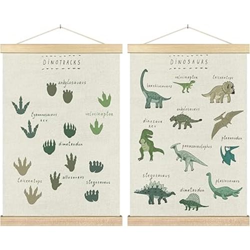 BCUANGD Dinosaur Dino Paws Wall Decor - Baby Toddler Boys Room Wall Art Poster Hanger with Wood Frames, Inspirational Hanging Canvas Decor for Kids Room Playroom Nursery Bedroom, 16x24 Inches