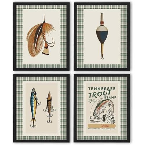NaZaUK Vintage Fishing Wall Art Prints, Rustic Fish Canvas Wall Art Decor, Lake House Decor, Vintage Nursery Decor, Farmhouse Stamp Poster Artwork for Nursery Bedroom, 8x10 Inches Set of 4 Unframed