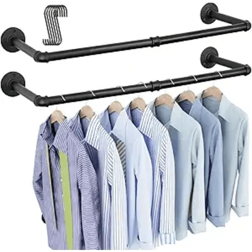 OROPY Industrial Pipe Clothes Rack Wall Mounted Set of 2, 38.4 inches Heavy Duty Iron Pipe Clothing Garment Rail, Multi-Purpose Clothing Hanging Rod for Laundry Room and Closet Storage