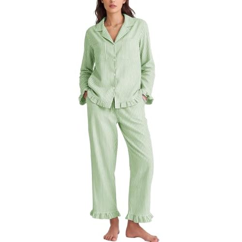 Flygo Womens Striped 2 Piece Pajama Sets Ruffle Cotton Sleepwear | Long Sleeve, Button Down, V Neck Notch Collar, Straight Leg, Elastic Waist with Drawstring Pockets, Cute Y2K Pjs Lounge Sets