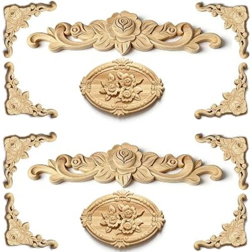 12Pcs Rose Wood Carved Applique and Onlays Wooden Decorative Corner Appliques Long Center DIY Unpainted Carving Decals Rosette Mouldings for Home Decor Furniture Cabinet Wall Dressers Deoration